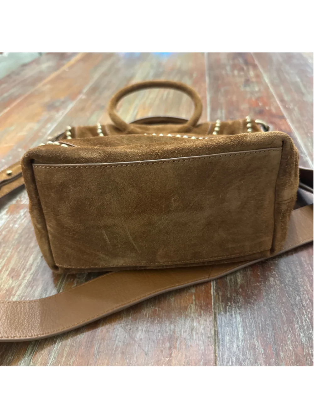 HOBO Chestnut Brown Suede Gold Studded Small Crossbody Tote Handbag NWT Handles